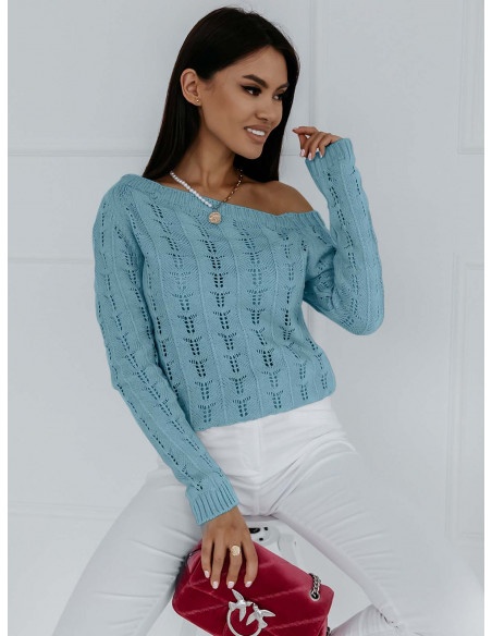 Ażurowy sweter na jedno ramię NASTALA - błękitny