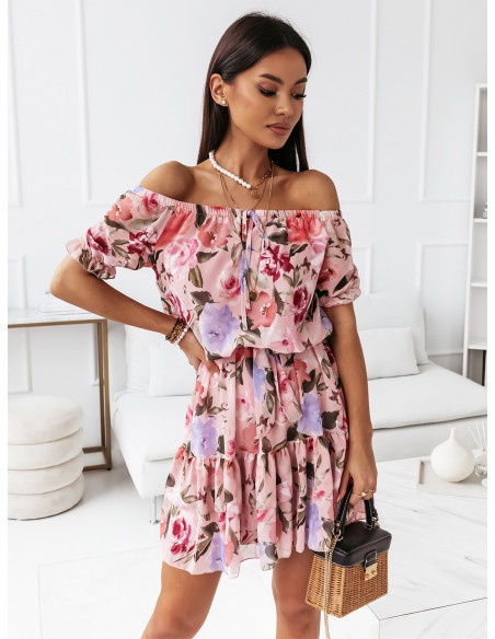 Rozkloszowana sukienka w kwiaty - LORIDANA - różowa