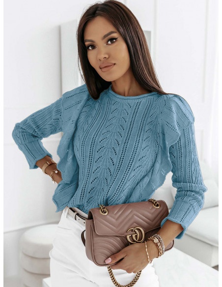 Ażurowy sweter z falbanami PENELOPE - błękitny