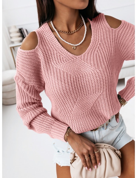 Sweter z wycięciami na ramionach - CUT - pudrowy róż