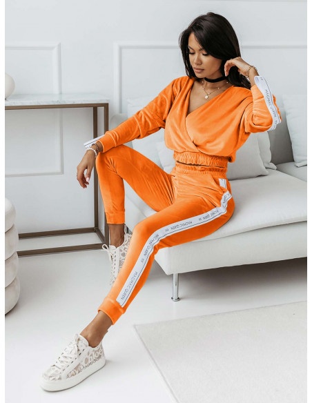 Welurowy dres spodnie + bluza VELVET - neonowy orange