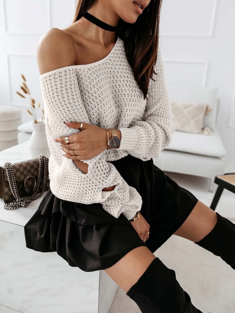 Pleciony sweter z rozcięciami ASHLEY - biały