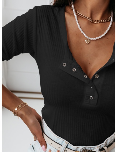 Prążkowana bluzka z dekoltem BLANCHE - czarna