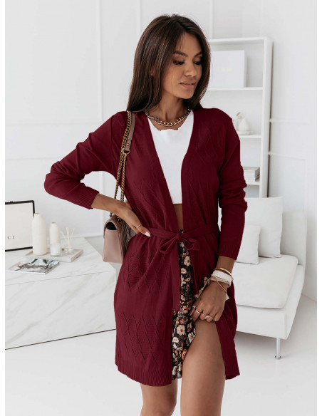 Długi sweter kardigan z paskiem - KIARA - bordowy