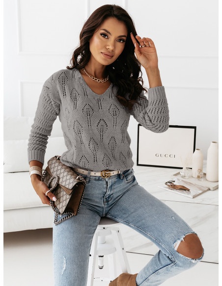 Sweter z ażurowym wzorem - GAJA - szary