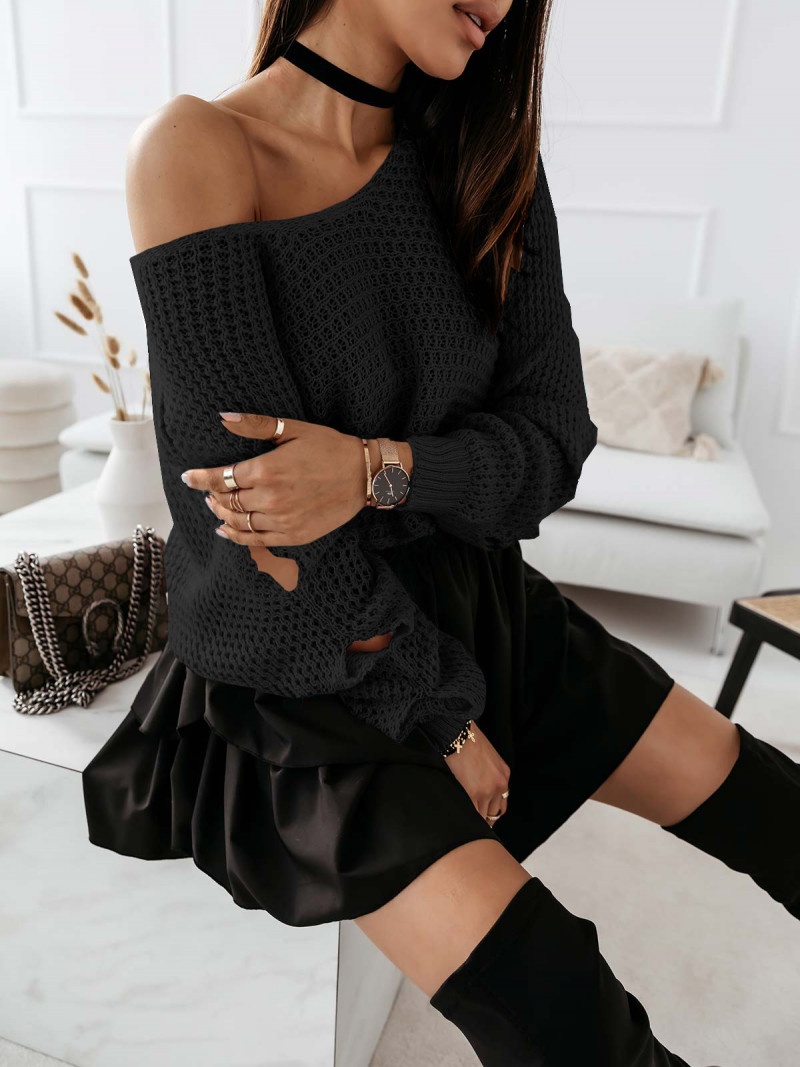 Pleciony sweter z rozcięciami ASHLEY - czarny