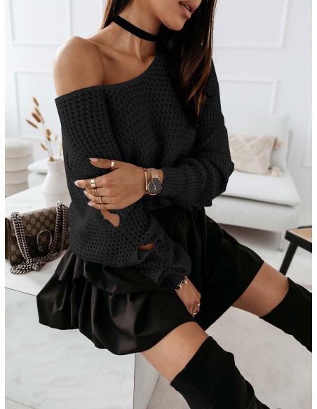 Pleciony sweter z rozcięciami ASHLEY - czarny