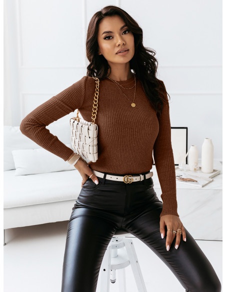 Klasyczny prążkowany sweter bluzka - BASIC - brązowy