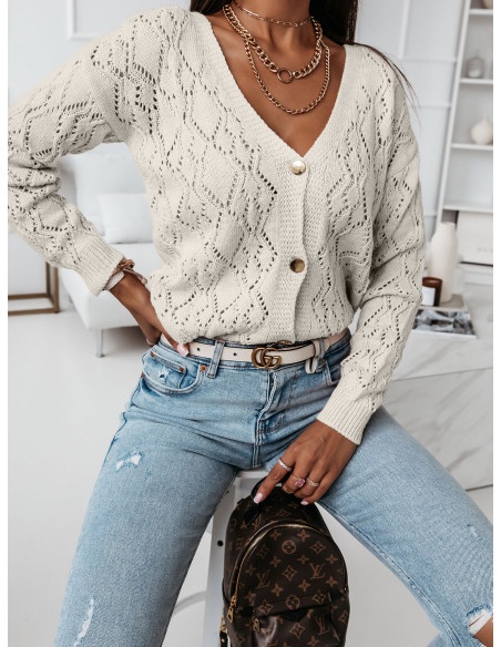 Ażurowy sweter kardigan z guzikami IDA - biały