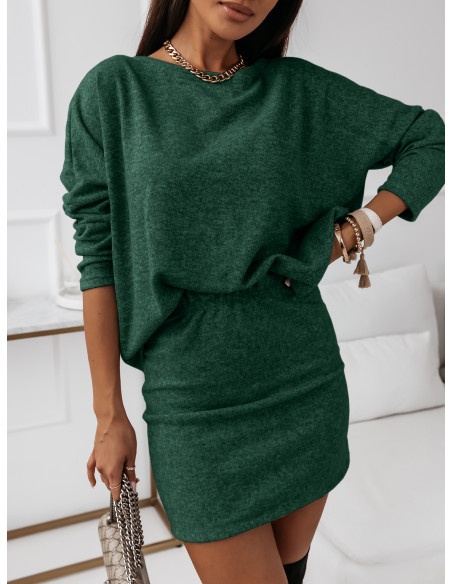 Sweterkowy komplet spódnica + bluzka - KNIT - butelkowa zieleń