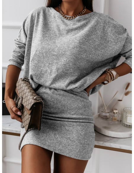 Sweterkowy komplet spódnica + bluzka - KNIT - szary melanż