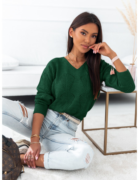 Ażurowy sweter oversize - CHILI - butelkowa zieleń