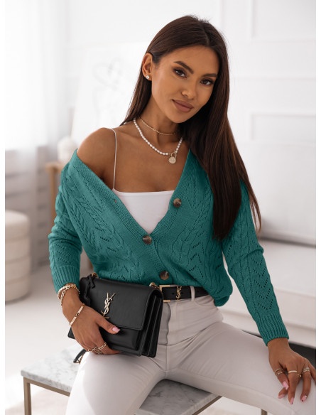 Ażurowy sweter na guziki - ARROW - turkusowy