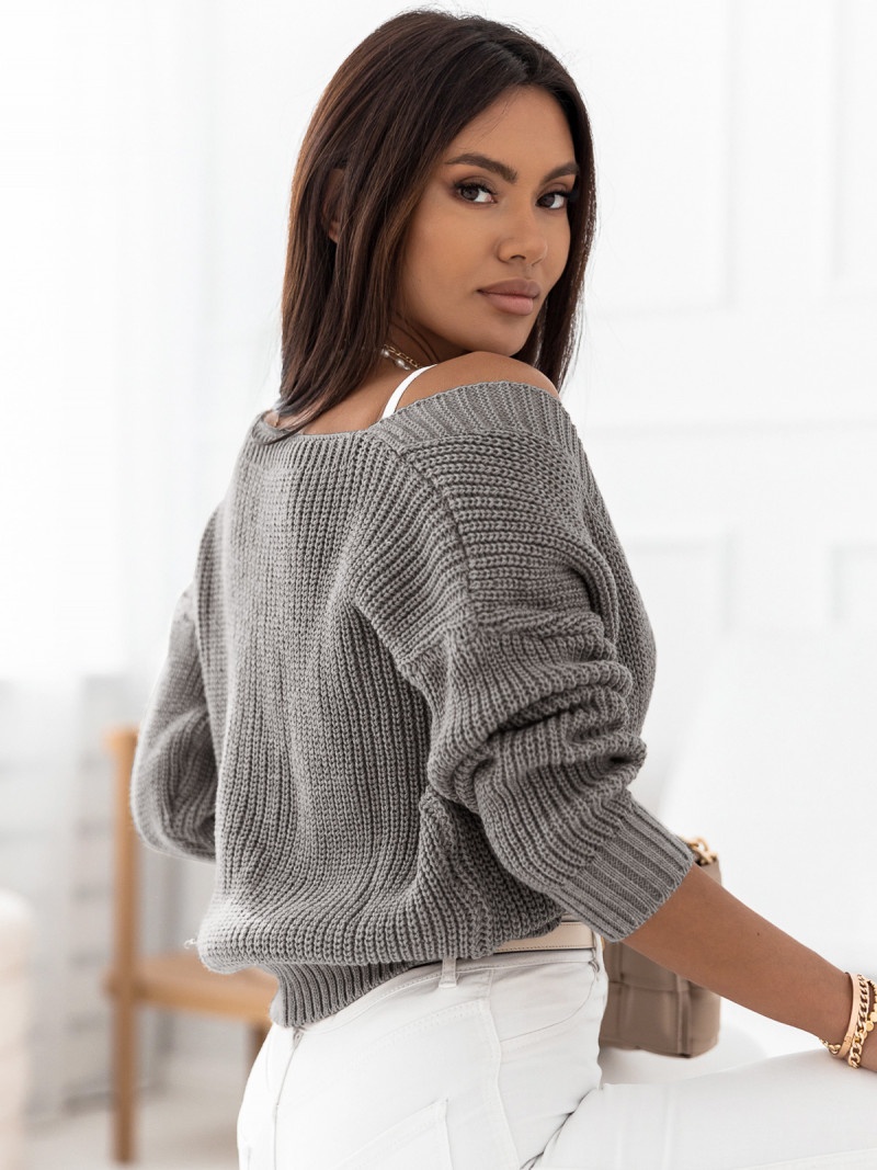 Pleciony sweter na guziki - BOLD - szary