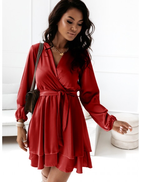 Satynowa sukienka z falbankami NATALIA - czerwona