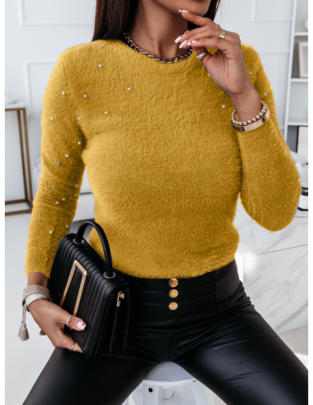 Moherowy sweter z perełkami ROXY - musztardowy