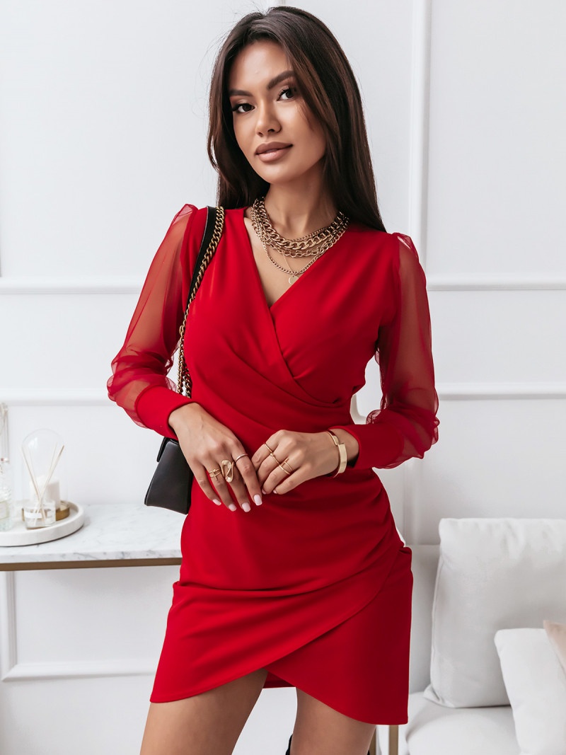 Sukienka mini z tiulowymi rękawami - SAYNA - czerwona