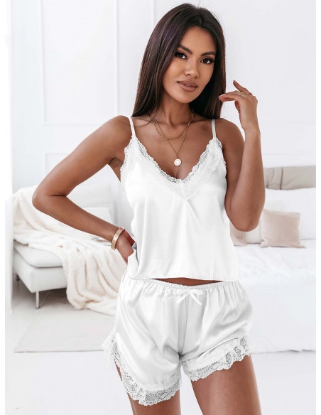 Satynowy komplet piżama top+spodenki - DELIA - biały