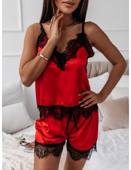 Satynowy komplet piżama top+spodenki - ARABELLA - czerwona