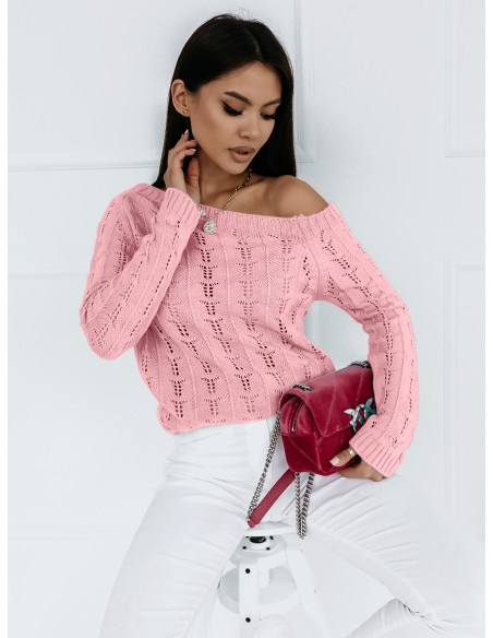 Ażurowy sweter na jedno ramię NASTALA - pudrowy róż