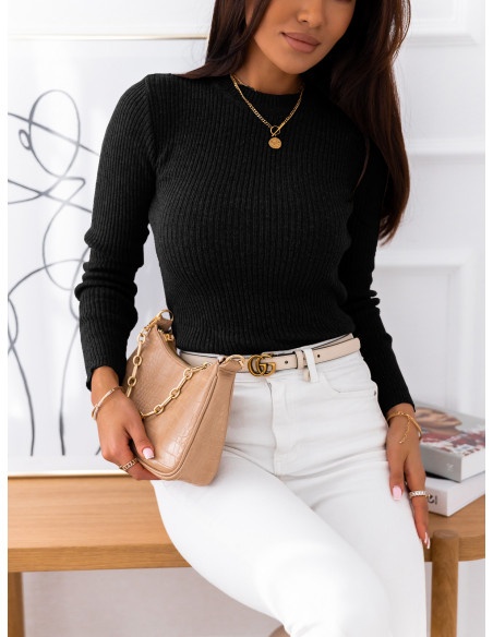 Klasyczny prążkowany sweter bluzka - BASIC - czarny