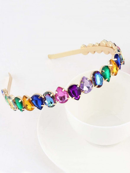 Złota opaska do włosów z kolorowymi kryształkami 2