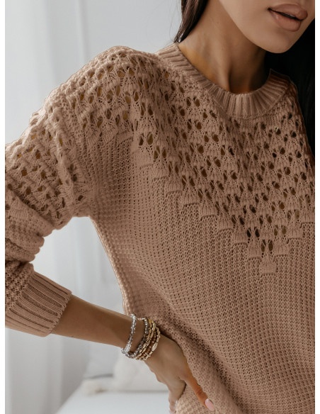 Ażurowy sweter z wycięciami GENEVA - ciemny beż