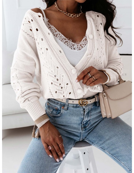 Ażurowy sweter z guzikami DULIE - biały