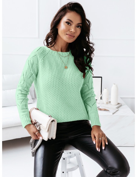 Pleciony sweter z ażurowym rękawem VALENTINA - miętowy