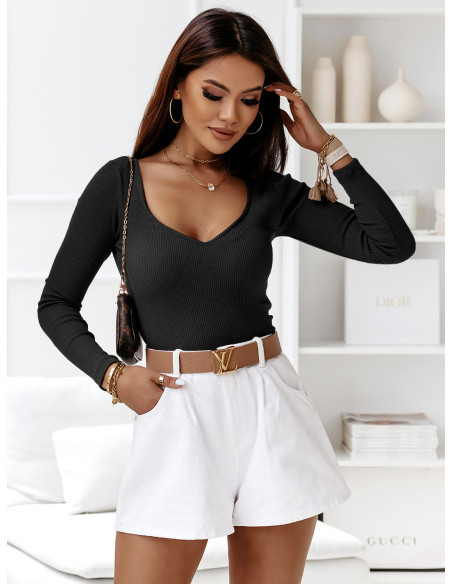 Prążkowana bluzka z głębokim dekoltem - SORIA - czarna