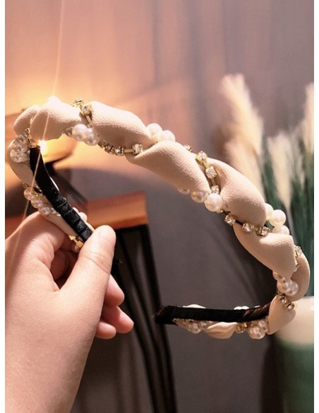 Opaska do włosów pleciona kryształki perły - beżowy