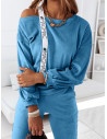 Welurowy dres bluza+spodnie z lampasem SARAH - niebieski