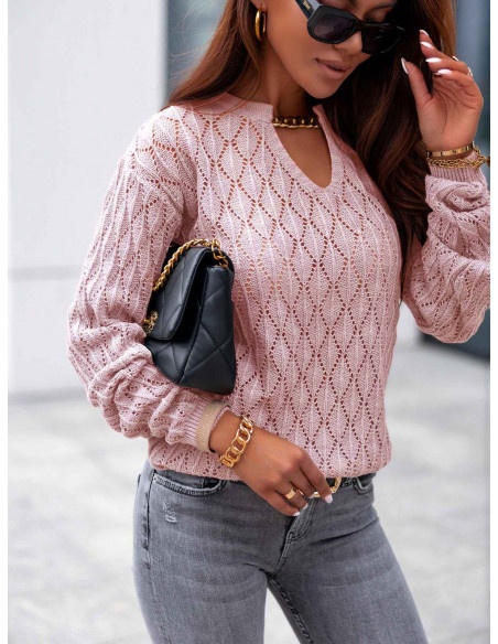 Ażurowy sweter z łańcuchem ANTALIA - pudrowy róż
