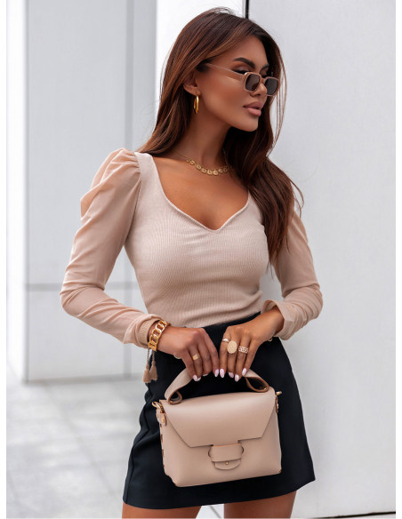 Prążkowana bluzka z tiulowym rękawem - PERCY - beżowa