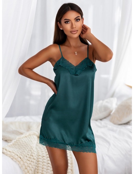 Satynowa piżama koszula nocna+stringi ISLA - butelkowa zieleń