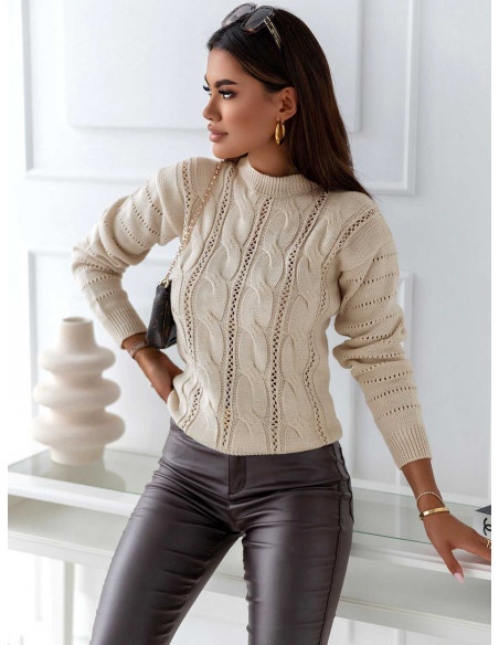Ażurowy sweter z warkoczami MADDIE - jasny beż