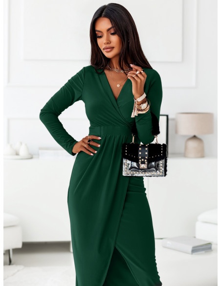 Wizytowa maxi sukienka z długim rękawem ELISSA - butelkowa zieleń