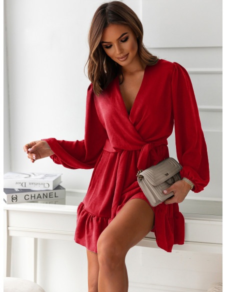 Rozkloszowana sukienka z falbanką - KALIFORNIA - czerwona