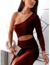 Brokatowa asymetryczna sukienka z wycięciem - MOON - czerwona