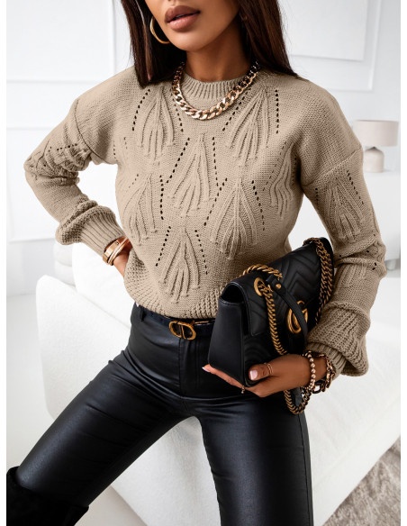 Ażurowy sweter z plecionym wzorem SARINI - beżowy