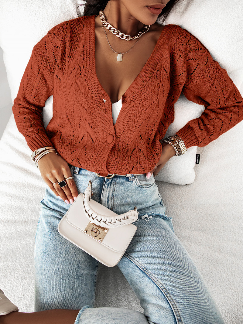 Sweter kardigan ażurowy z guzikami -...