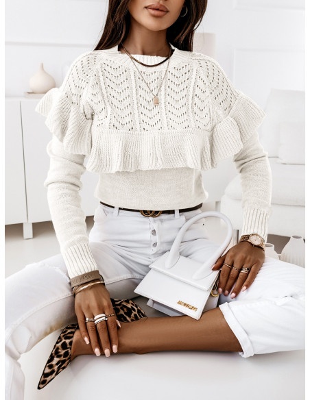 Klasyczny sweter z falbaną RAYANA - biały