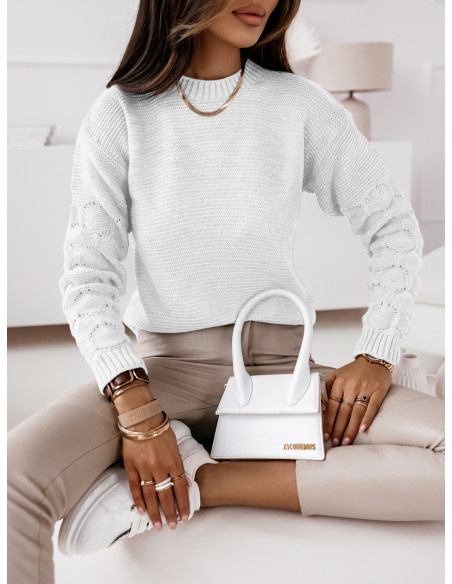 Sweter z ozdobnym rękawem CONCHA - biały