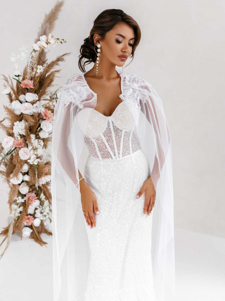 Długa ślubna etola narzutka tiulowa STELIS - biała