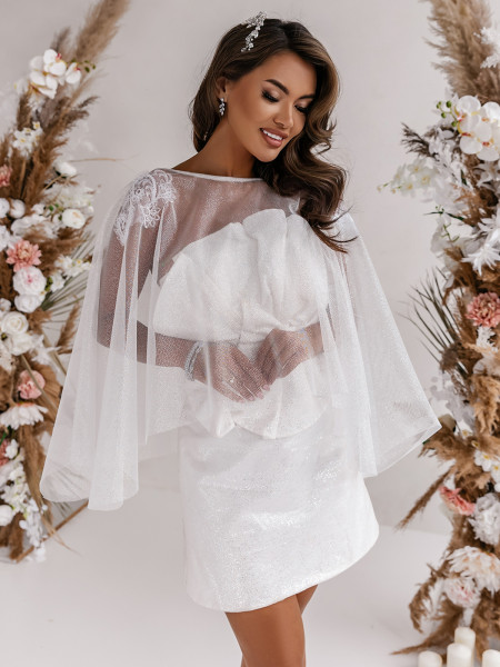 Krótka ślubna tiulowa etola z brokatem ALAIN - biała