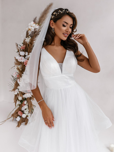 Krótki ślubny tiulowy welon z brokatem DANELLE - biały