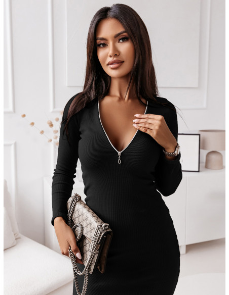 Prążkowana sukienka midi z zamkiem ZANA - czarna