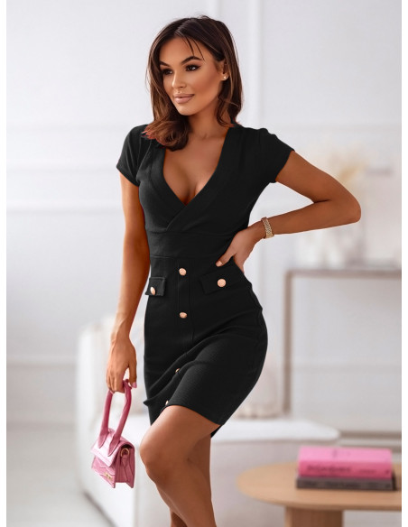 Prążkowana sukienka z guzikami - THEA - czarna