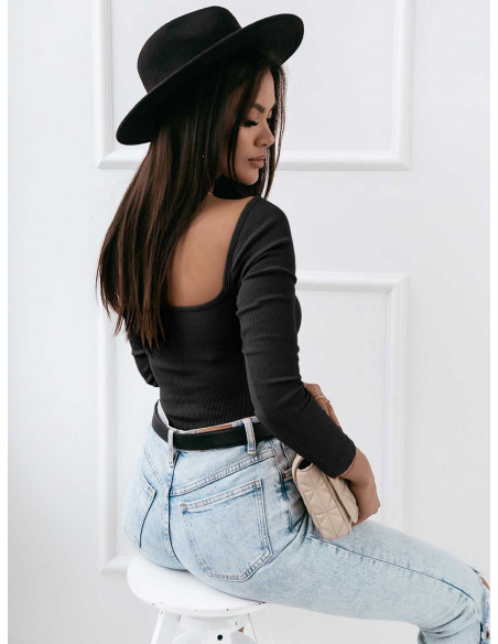 Prążkowana bluzka z głębokim dekoltem HAIDA - czarna