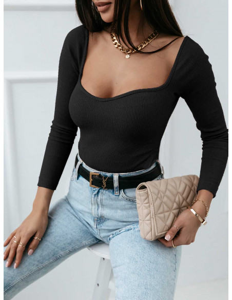 Prążkowana bluzka z głębokim dekoltem HAIDA - czarna